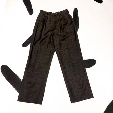 80s / 90s Brown Plaid High Waist Pleated Trousers / Wool / Size 8 / Wide Leg / Baggy / Dogtooth / Annie Hall / Giorgio Sant Angelo 