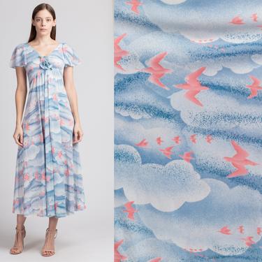 70s Birds In The Sky Maxi Dress - Petite XS | Vintage Blue Novelty Print Boho Long Flutter Sleeve Dress 