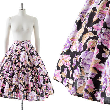 Vintage 1950s Style Circle Skirt | 80s Floral Printed Cotton Purple Pink Black Full Swing Skirt (small) 