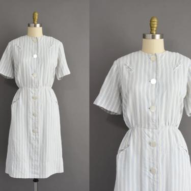 vintage 1950s dress | Adorable Blue Stripe Print Short Sleeve Summer Shirt Dress | Large | 50s vintage dress 