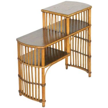 Vintage Art Deco Stick Rattan Side Table with Mahogany Table Top