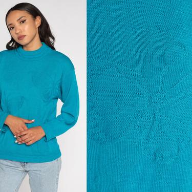 Butterfly Sweater Turquoise Blue Sweater 80s 90s Slouchy Mock Neck Sweater Knit 1980s Acrylic Pullover Vintage Medium 