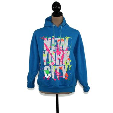 New York City Paint Splatter Hoodie NYC Sweatshirt Hooded Pullover with Kangaroo Pocket, Blue with Neon Graphic Drawstring Unisex Medium 