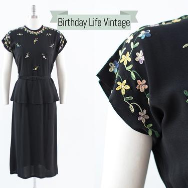 Vintage 1940s Dress | 40s Chainstitch Embroidered Black Rayon Peplum Bustle Evening Dress (medium) 