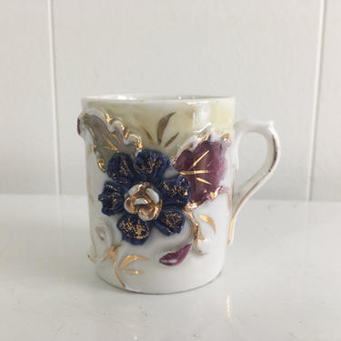 Vintage Lustreware Porcelain Cup Mug German Germany Victorian Lava Glazed Pottery Pearlescent Gold Encrusted Frilly Hand Painted Art Decor 