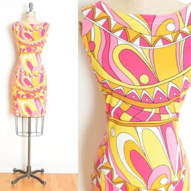 vintage 90s dress pink yellow graphic geometric mod print knit bodycon M clothing 