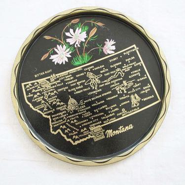 Vintage Montana Tin Plate - 50s Montana Map Souvenir Black Metal Plate - Helena Butte - Shabby Chic Cottage Decor 