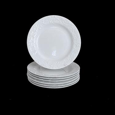 Vintage DANSK Floating Leaves Pattern 11&quot; White Porcelain Dinner Plates with Raised Leaves Design 