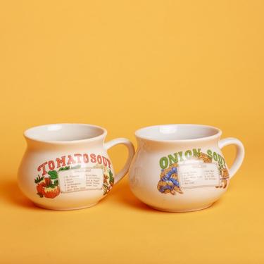 90s Vintage Onion Soup Vegetable Soup Large Ceramic Mugs 