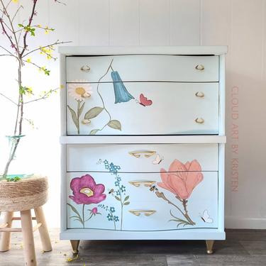 FREE SHIPPING! Vintage Midcentury Basset Furniture Painted 4 Drawer Chest Dresser Shabby Cottage Granny Country Chic Boho Unique Nursery by CloudArt