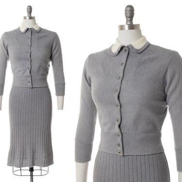 Vintage 1950s Knit Set | 50s Grey Wool Chenille Cardigan &amp; Skirt Sweater Set with Angora Peter Pan Collar (xs/small/medium) 