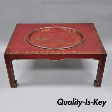 Vtg Red Chinoiserie Oriental Coffee Table with Removable Tole Metal Serving Tray