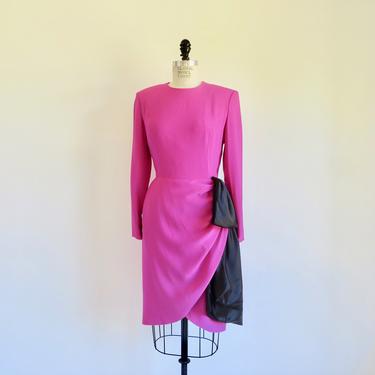 Vintage 1980's Oscar de la Renta Magenta Pink and Black Evening Cocktail Long Sleeves Tailored Black Sash Trim American Designer Size 6 