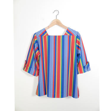 Vintage 70s Primary Color Striped Nautical Polyester Top Size M 