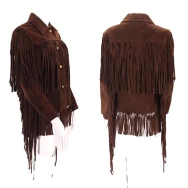 70s brown suede western fringe jacket S / vintage 1970s rock and roll Woodstock era chocolate fringed jacket  small / 6 