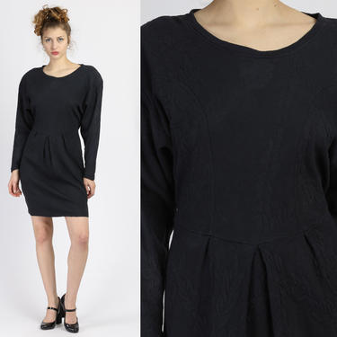 Vintage Moda Int'l Black Floral Ribbed Dress - Medium to Large | 80s 90s Minimalist Grunge Long Sleeve Mini 