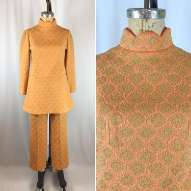 Vintage 60s lounge set | Vintage metallic orange knit two piece pant set | 1960s Promenade hostess pant suit set 