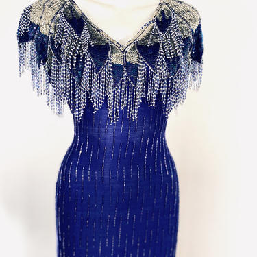 Vintage blue Sequin beaded gown, heavily embellished full length dress, flapper dress, small 