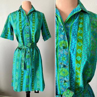 Vintage 60s Day Dress, Shirt Dress, Purple, Avocado Green, Matching Belt, Cuff Sleeves, Fits Size 8-10 US 