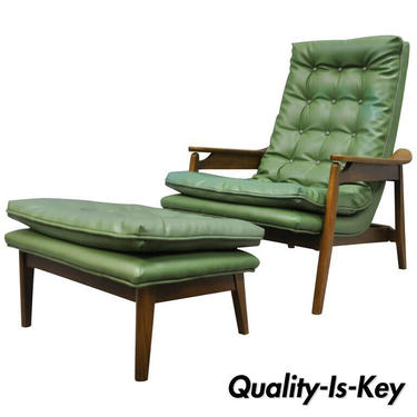 Mid Century Modern Milo Baughman Style Walnut Tall Back Lounge Chair and Ottoman
