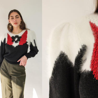 Vintage 80s Lindsay Scott Crochet Knit Angora Blend Poof Shoulder Pullover Sweater | Rayon, Angora, Lambswool Blend | 1980s Designer Sweater 