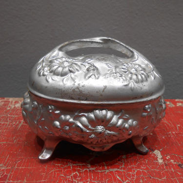 Antique Victorian German Made Jewelry Box Metal Trinket Holder Decorative Silver Box with Lid Jewel Storage Stash Box Made in Germany 