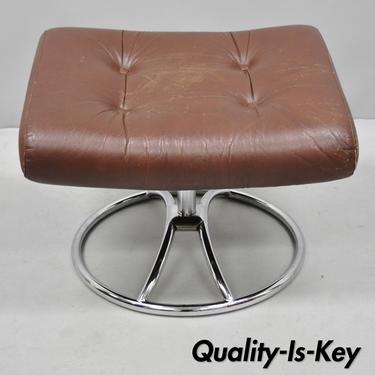 Mid Century Modern Brown Leather Tufted Footstool Ottoman Chrome Revolving Base