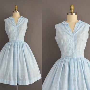 vintage 1950s dress | Adorable 1950s Baby Blue Gingham Print Full Skirt Cotton Shirt Dress | Medium | 50s vintage dress 