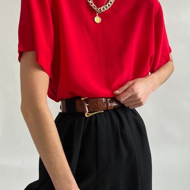 Vintage Cherry Red Silk Short Sleeve Blouse