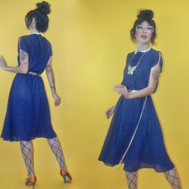 Vintage 1970s Union Made Crochet Lace Collar Navy Semi Sheer Dress/SZ S M/70s Secretary Look Glam Boho Disco Knee length Bow Gather Flowy 