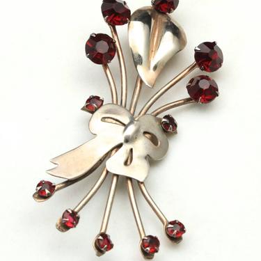 Vintage Sterling Silver & Red Rhinestone Modernist Flower Bouquet Brooch Pin 