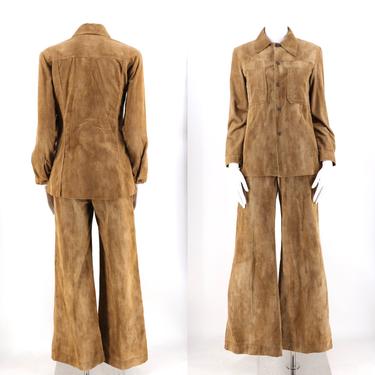 70s tan washed corduroy bell bottoms pants set / 1970s vintage high waisted wide leg bells and snap shirt  size 6 24&amp;quot; 