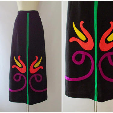 FLOWER POWER Vintage Alex Colman 60s Skirt | 1960s Black Wool Knit Maxi w/ Tulip Applique | 70s 1970s Floral Boho, Hippie, Mod | Size Small 