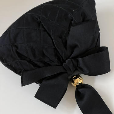 Vintage CHANEL CC Monogram Logo Black Satin Bar Wristlet Bow Clutch Evening Bag Purse 