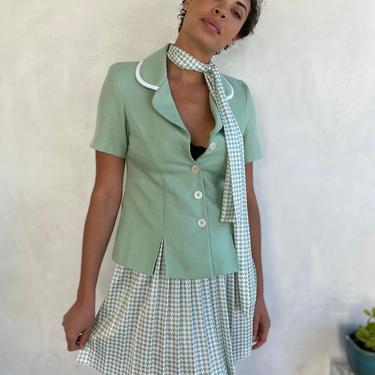 1970s Pastel Mint Green / White Skirt, Top, Scarf Set - Houndstooth - Medium 