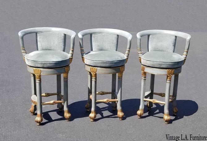 Three Vintage French Provincial Rococo, French Country Bar Stools Swivel Wrought Iron