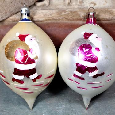 Hand Painted Santa Glass Christmas Ornament - Vintage Mercury Glass - Teardrop Ornament - Blue (Polish Glass) or Pink - Your Choice! 