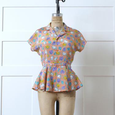 vintage 1980s 90s peplum blouse • pretty abstract print in pastel peach, lavender, blue 