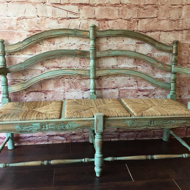 Bench, Vintage, With rush seating, painted green, distressed/chippy, Local Alexandria VA Pick Up ONLY 