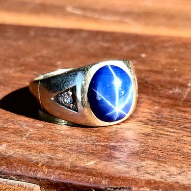 14k White Gold Star Sapphire Diamond Mens Ring 1960s Size 8 Blue Stone Cabochon 