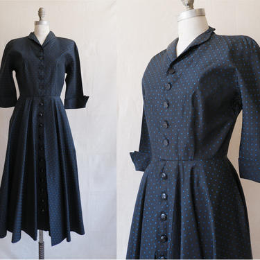 Vintage 50s Taffeta Gown/ 1950s Black Blue Button Up Full Skirt Shirtwaist Dress/ Size Medium 