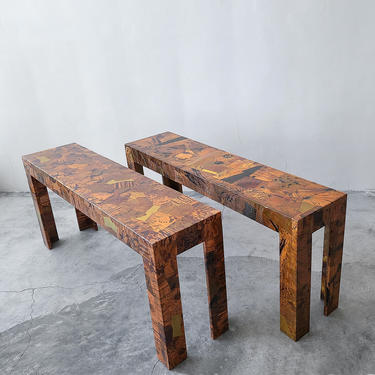 Pair of 1970s Brutalist Copper Patchwork Console Tables by Lafer 