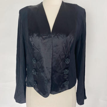 90s Cropped Black Sheer Blazer, Ribbon Embroidery, Stain 