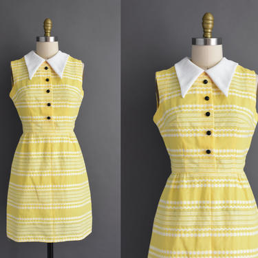 1960s vintage dress | Adorable Canary Yellow White Stripe Print Summer Cotton Dress | Medium | 60s dress 