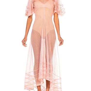 1930S Pink Sheer Rayon Net Gown With Puff Sleeves 