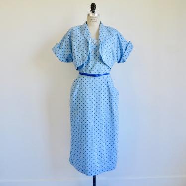 Vintage 1950's Light Blue Polkadot Cotton Wiggle Dress Matching Cropped Jacket Sheath Style Pin Up Rockabilly Swing 34&amp;quot; Waist Medium Large 