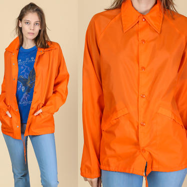 70s Neon Orange Windbreaker - Men's Small | Vintage Bright Mod Snap Button Jacket 