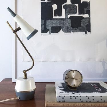 Colorblock Brass, Gray, White  Lamp Vintage Midcentury Stilnovo Sarfatti Arteluce Table Desk Cone 