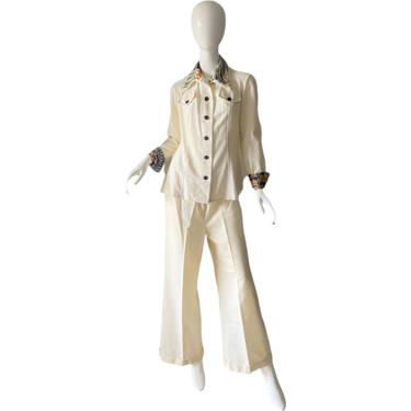 70s Bell Bottoms Pant Set, Vintage Off White Pant Suit / 1970s Psychedelic Pantsuit 