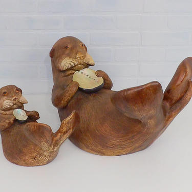Vintage Otters STAINMASTER Circa 1984 1985 Ceramic Pottery Figurines Sea Ocean Life Decor Beach House Harbor Seal Clam Oyster Shell Pair (2) 
